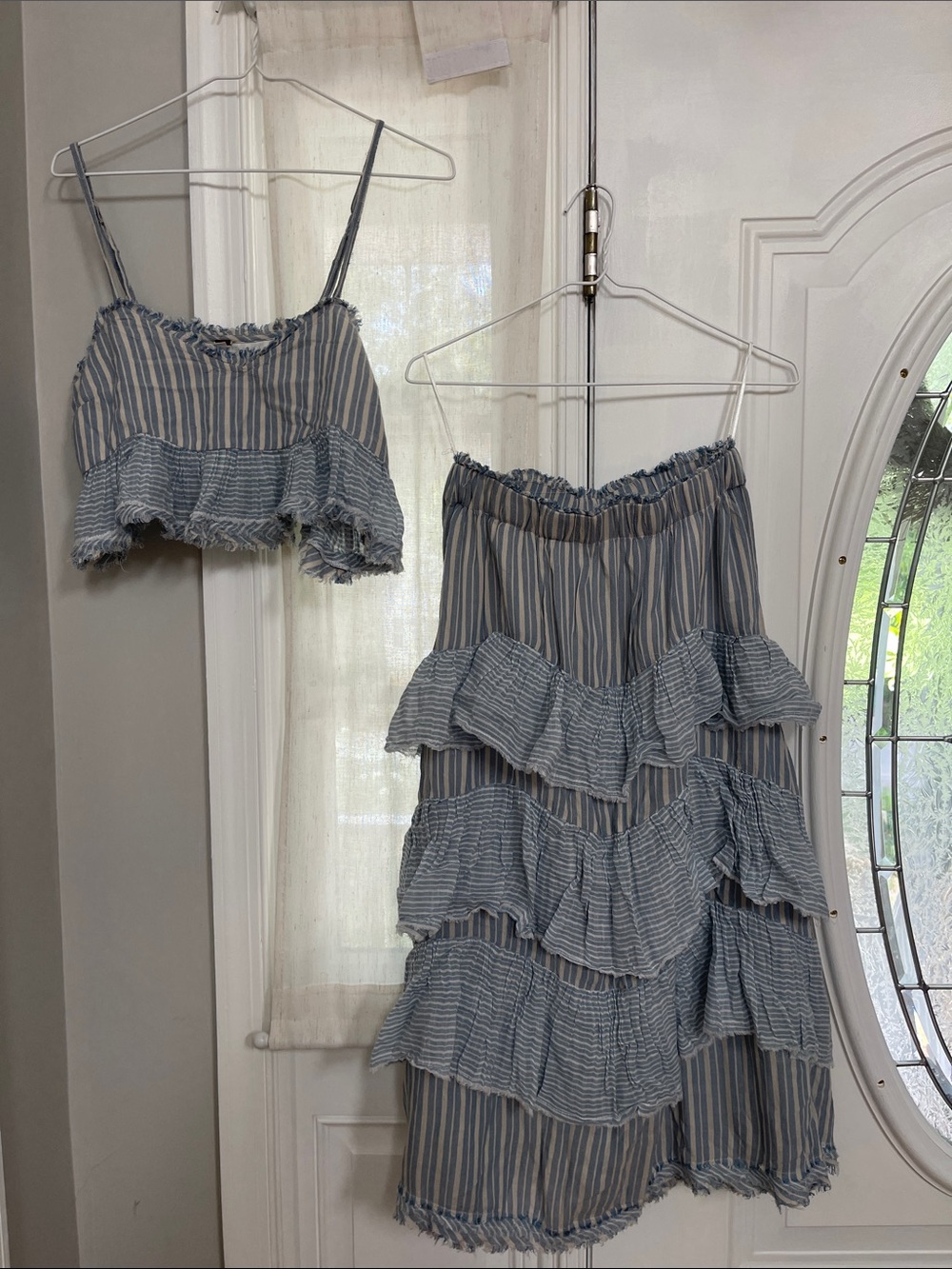 Free People Striped Ruffle Set in Light Blue and White - Picture 1 of 6
